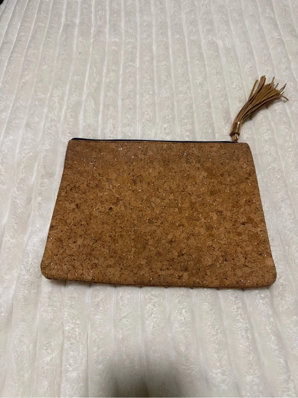 Cork Zip Wristlet Clutch in Brown with Tassel
